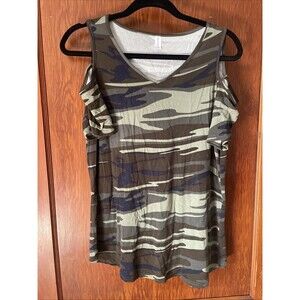 Womans Cold Shoulder Blouse Shirt Top Casual Summer Tunics Large Camo Green
